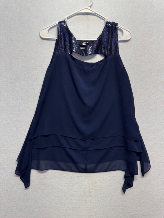 Faisca Tops - Navy Blue Sleeveless Sequin Accent Layered Chiffon Blouse Top By Faisca L